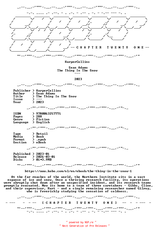 NFO for the release Sean.Adams.-.The.Thing.In.The.Snow.2023.RETAIL.EPUB.eBook-CTO by CTO