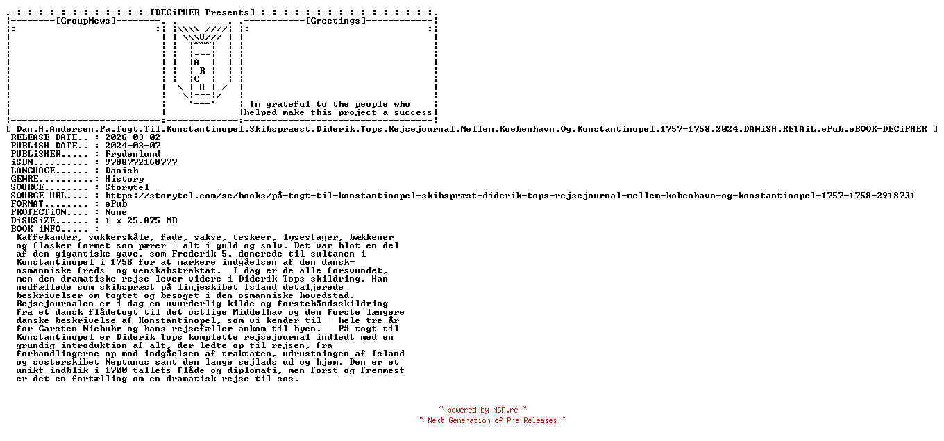 NFO for the release Dan.H.Andersen.Pa.Togt.Til.Konstantinopel.Skibspraest.Diderik.Tops.Rejsejournal.Mellem.Koebenhavn.Og.Konstantinopel.1757-1758.2024.DANiSH.RETAiL.ePub.eBOOK-DECiPHER by DECiPHER