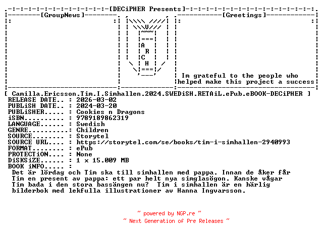 NFO for the release Camilla.Ericsson.Tim.I.Simhallen.2024.SWEDiSH.RETAiL.ePub.eBOOK-DECiPHER by DECiPHER