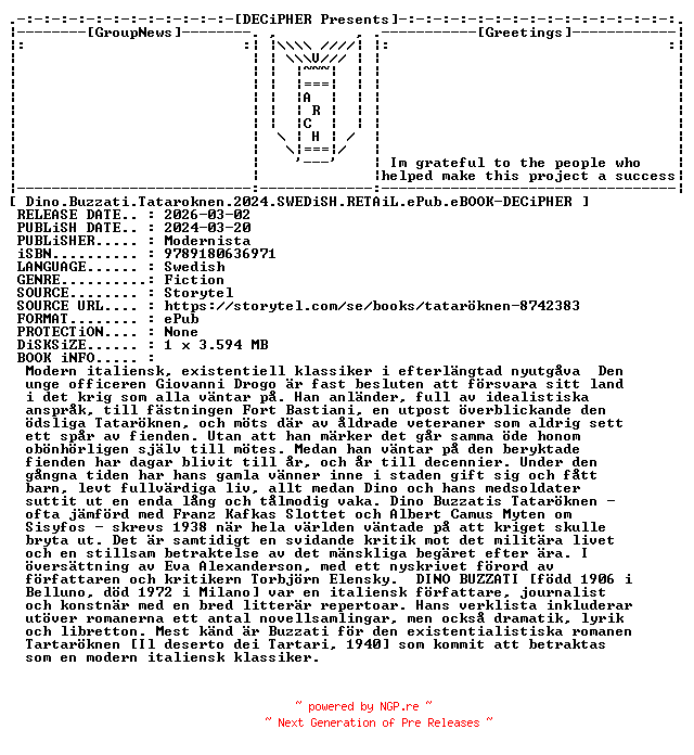 NFO for the release Dino.Buzzati.Tataroknen.2024.SWEDiSH.RETAiL.ePub.eBOOK-DECiPHER by DECiPHER