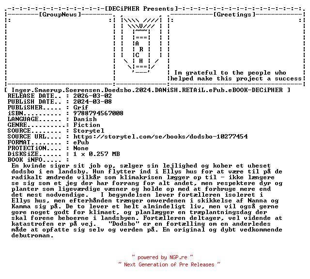 NFO for the release Inger.Smaerup.Soerensen.Doedsbo.2024.DANiSH.RETAiL.ePub.eBOOK-DECiPHER by DECiPHER
