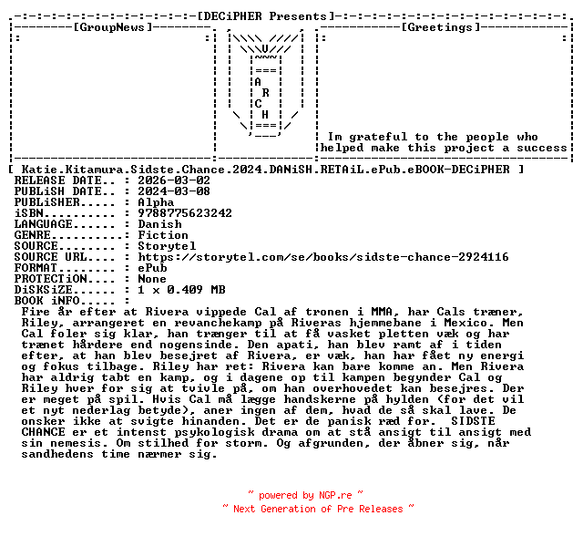 NFO for the release Katie.Kitamura.Sidste.Chance.2024.DANiSH.RETAiL.ePub.eBOOK-DECiPHER by DECiPHER