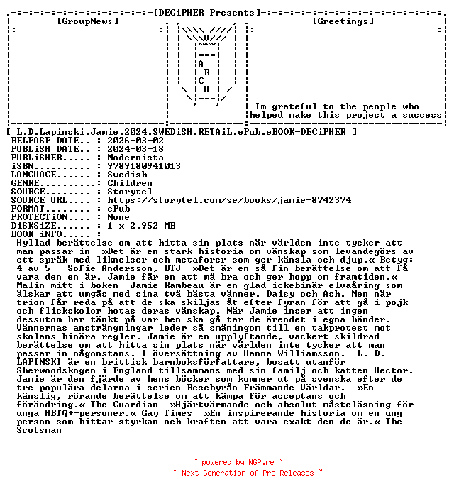 NFO for the release L.D.Lapinski.Jamie.2024.SWEDiSH.RETAiL.ePub.eBOOK-DECiPHER by DECiPHER