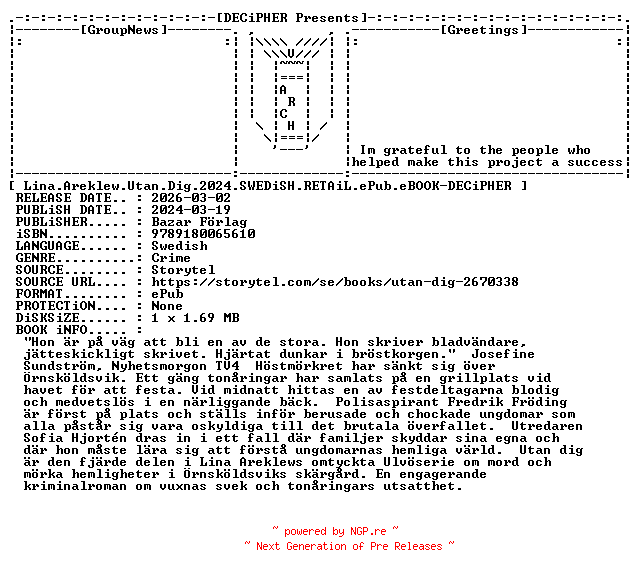NFO for the release Lina.Areklew.Utan.Dig.2024.SWEDiSH.RETAiL.ePub.eBOOK-DECiPHER by DECiPHER