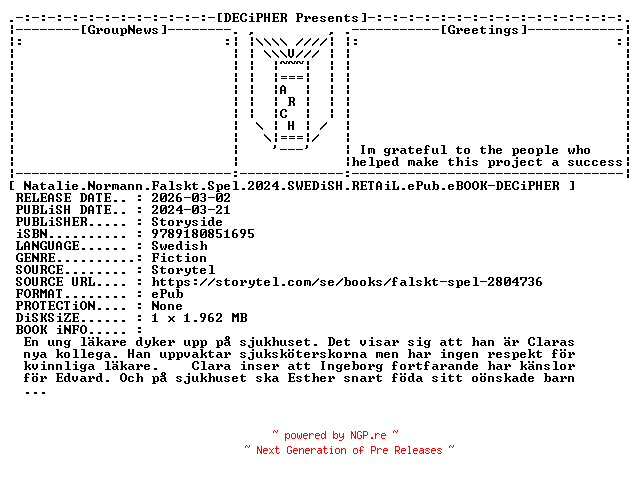 NFO for the release Natalie.Normann.Falskt.Spel.2024.SWEDiSH.RETAiL.ePub.eBOOK-DECiPHER by DECiPHER