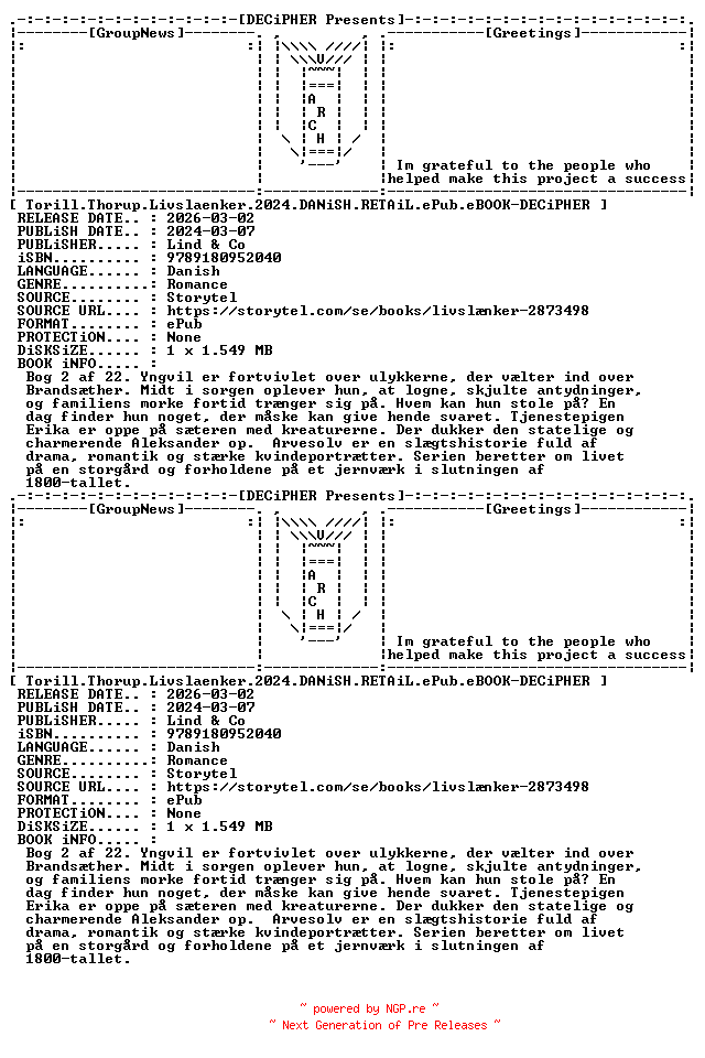 NFO for the release Torill.Thorup.Livslaenker.2024.DANiSH.RETAiL.ePub.eBOOK-DECiPHER by DECiPHER