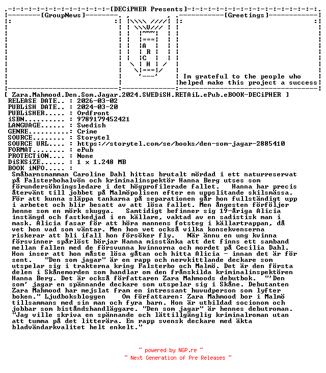 NFO for the release Zara.Mahmood.Den.Som.Jagar.2024.SWEDiSH.RETAiL.ePub.eBOOK-DECiPHER by DECiPHER