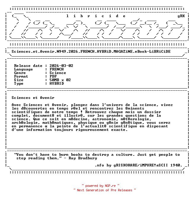 NFO for the release Sciences.et.Avenir.N949.2026.FRENCH.HYBRiD.MAGAZiNE.eBook-LiBRiCiDE by LiBRiCiDE