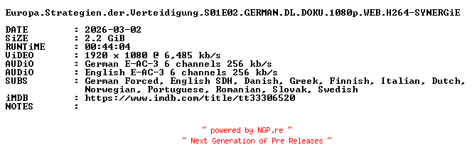NFO for the release Europa.Strategien.der.Verteidigung.S01E02.GERMAN.DL.DOKU.1080p.WEB.H264-SYNERGiE by SYNERGiE
