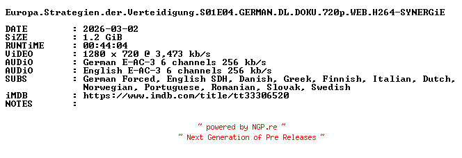 NFO for the release Europa.Strategien.der.Verteidigung.S01E04.GERMAN.DL.DOKU.720p.WEB.H264-SYNERGiE by SYNERGiE