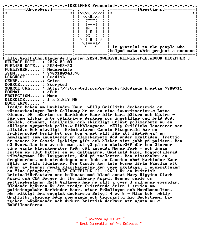 NFO for the release Elly.Griffiths.Blodande.Hjartan.2024.SWEDiSH.RETAiL.ePub.eBOOK-DECiPHER by DECiPHER
