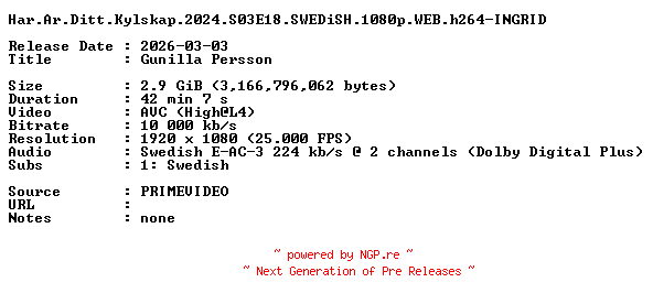NFO for the release Har.Ar.Ditt.Kylskap.2024.S03E18.SWEDiSH.1080p.WEB.h264-INGRID by INGRID