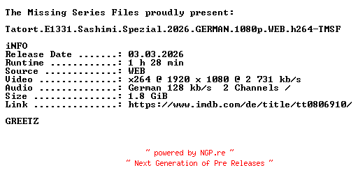 NFO for the release Tatort.E1331.Sashimi.Spezial.2026.GERMAN.1080p.WEB.h264-TMSF by TMSF