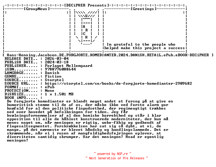 NFO for the release Hans.Henning.Jacobsen.De.Forgjotye.Komedianter.2024.DANiSH.RETAiL.ePub.eBOOK-DECiPHER by DECiPHER
