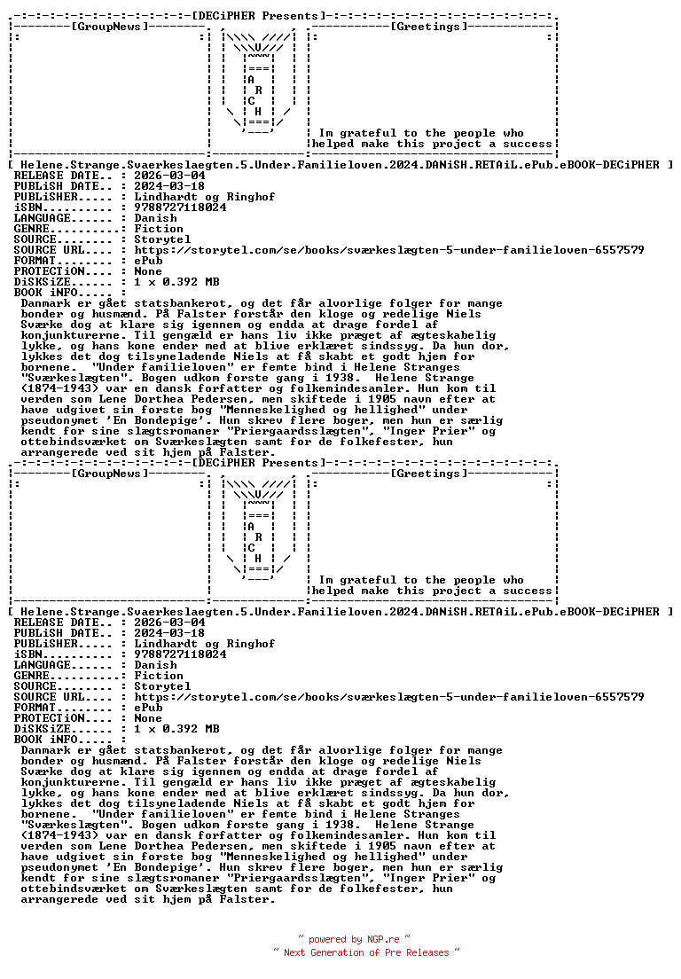 NFO for the release Helene.Strange.Svaerkeslaegten.5.Under.Familieloven.2024.DANiSH.RETAiL.ePub.eBOOK-DECiPHER by DECiPHER
