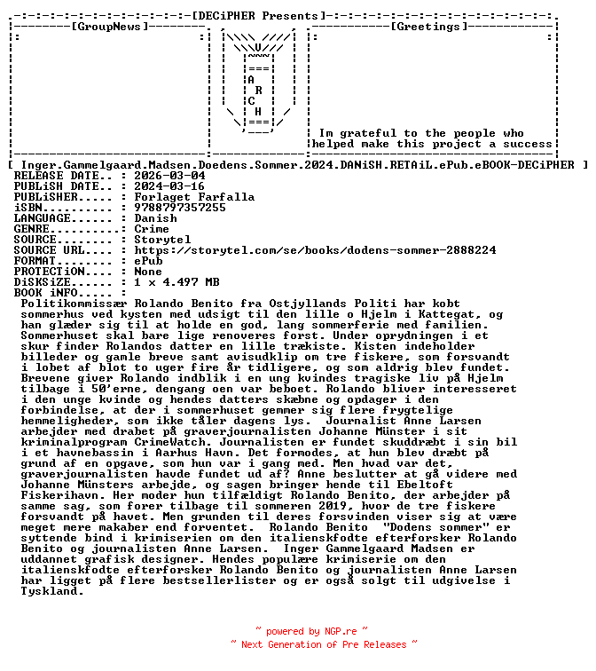 NFO for the release Inger.Gammelgaard.Madsen.Doedens.Sommer.2024.DANiSH.RETAiL.ePub.eBOOK-DECiPHER by DECiPHER