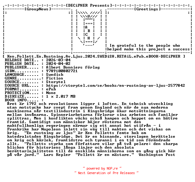 NFO for the release Ken.Follett.En.Rustning.Av.Ljus.2024.SWEDiSH.RETAiL.ePub.eBOOK-DECiPHER by DECiPHER