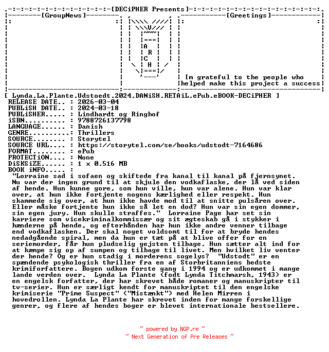 NFO for the release Lynda.La.Plante.Udstoedt.2024.DANiSH.RETAiL.ePub.eBOOK-DECiPHER by DECiPHER