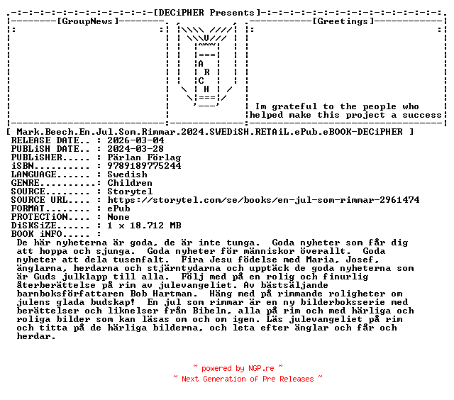 NFO for the release Mark.Beech.En.Jul.Som.Rimmar.2024.SWEDiSH.RETAiL.ePub.eBOOK-DECiPHER by DECiPHER