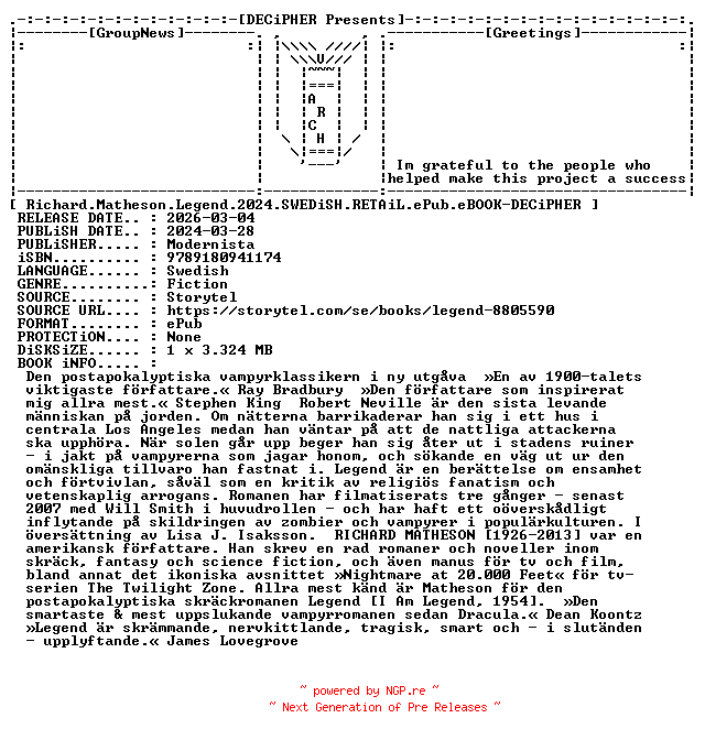 NFO for the release Richard.Matheson.Legend.2024.SWEDiSH.RETAiL.ePub.eBOOK-DECiPHER by DECiPHER