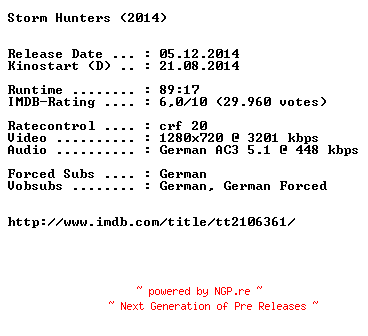 NFO for the release Storm.Hunters.German.720p.BluRay.x264-EXQUiSiTE by EXQUiSiTE