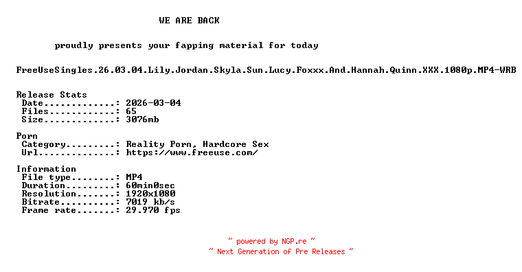 NFO for the release FreeUseSingles.26.03.04.Lily.Jordan.Skyla.Sun.Lucy.Foxxx.And.Hannah.Quinn.XXX.1080p.MP4-WRB by WRB