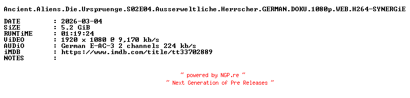 NFO for the release Ancient.Aliens.Die.Urspruenge.S02E04.Ausserweltliche.Herrscher.GERMAN.DOKU.1080p.WEB.H264-SYNERGiE by SYNERGiE