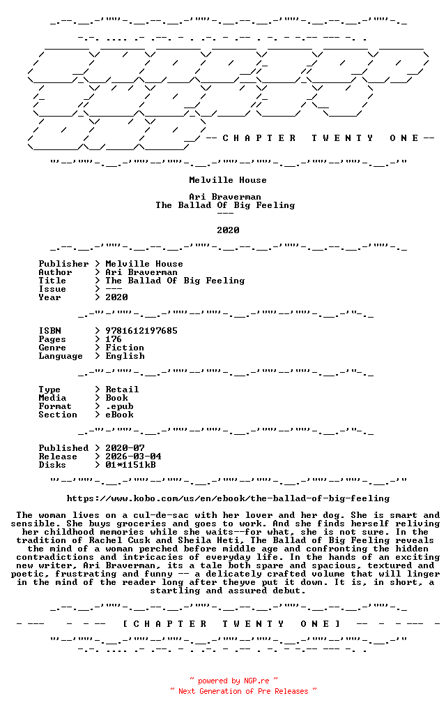 NFO for the release Ari.Braverman.-.The.Ballad.Of.Big.Feeling.2020.RETAIL.EPUB.eBook-CTO by CTO