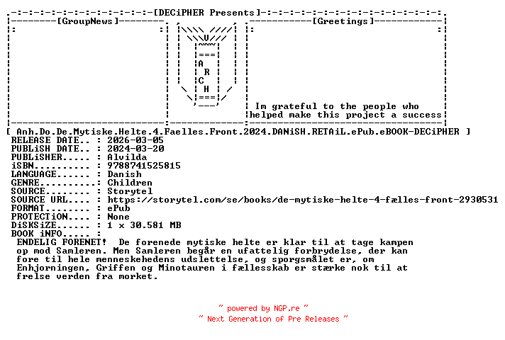 NFO for the release Anh.Do.De.Mytiske.Helte.4.Faelles.Front.2024.DANiSH.RETAiL.ePub.eBOOK-DECiPHER by DECiPHER