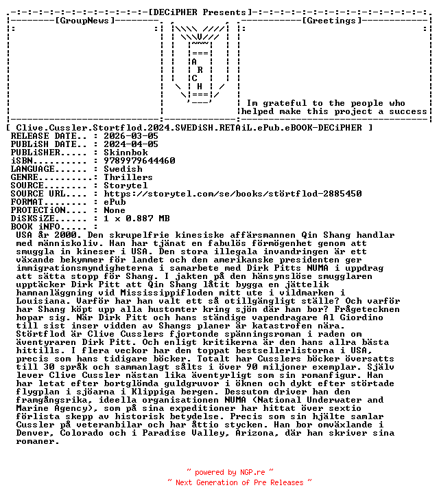 NFO for the release Clive.Cussler.Stortflod.2024.SWEDiSH.RETAiL.ePub.eBOOK-DECiPHER by DECiPHER