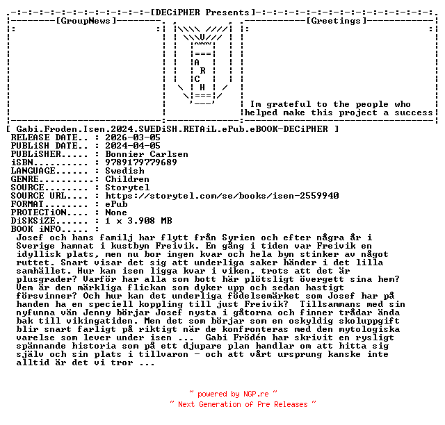 NFO for the release Gabi.Froden.Isen.2024.SWEDiSH.RETAiL.ePub.eBOOK-DECiPHER by DECiPHER