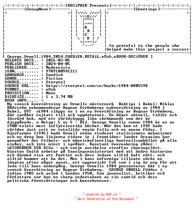 NFO for the release George.Orwell.1984.2024.SWEDiSH.RETAiL.ePub.eBOOK-DECiPHER by DECiPHER