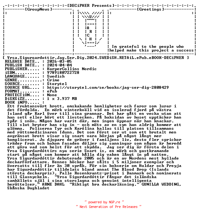 NFO for the release Yrsa.Siguroardottir.Jag.Ser.Dig.2024.SWEDiSH.RETAiL.ePub.eBOOK-DECiPHER by DECiPHER