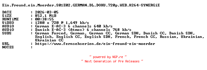 NFO for the release Ein.Freund.ein.Moerder.S01E02.GERMAN.DL.DOKU.720p.WEB.H264-SYNERGiE by SYNERGiE