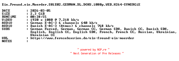 NFO for the release Ein.Freund.ein.Moerder.S01E02.GERMAN.DL.DOKU.1080p.WEB.H264-SYNERGiE by SYNERGiE