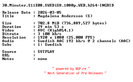 NFO for the release 30.Minuter.S11E08.SWEDiSH.1080p.WEB.h264-INGRID by INGRID