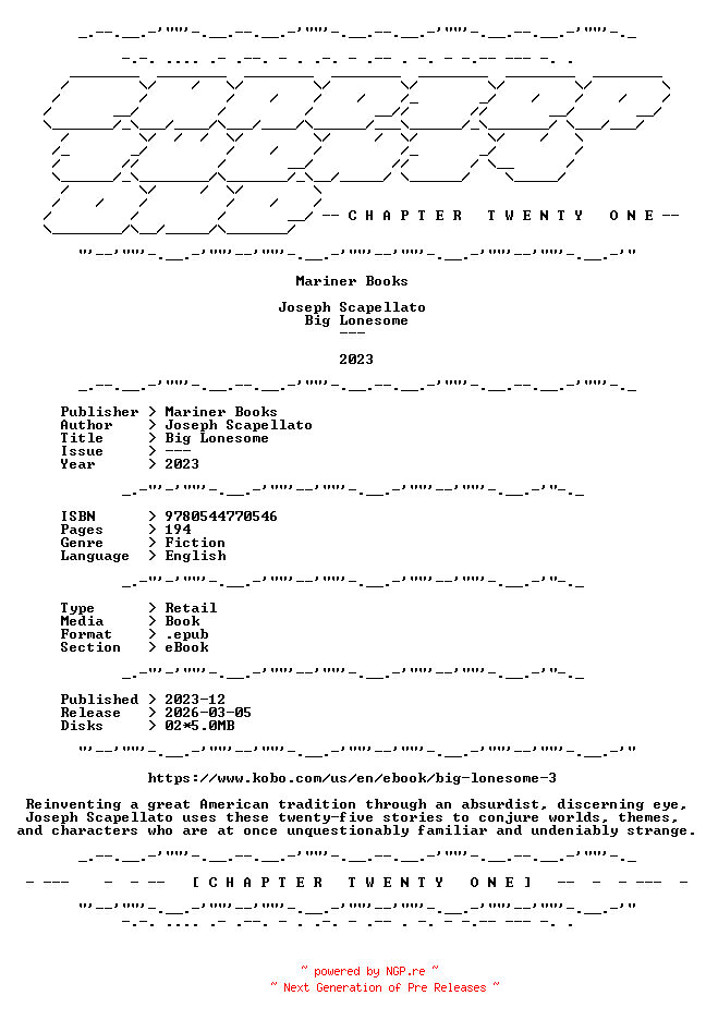 NFO for the release Joseph.Scapellato.-.Big.Lonesome.2023.RETAIL.EPUB.eBook-CTO by CTO