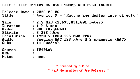 NFO for the release Bast.i.Test.S12E09.SWEDiSH.1080p.WEB.h264-INGRID by INGRID
