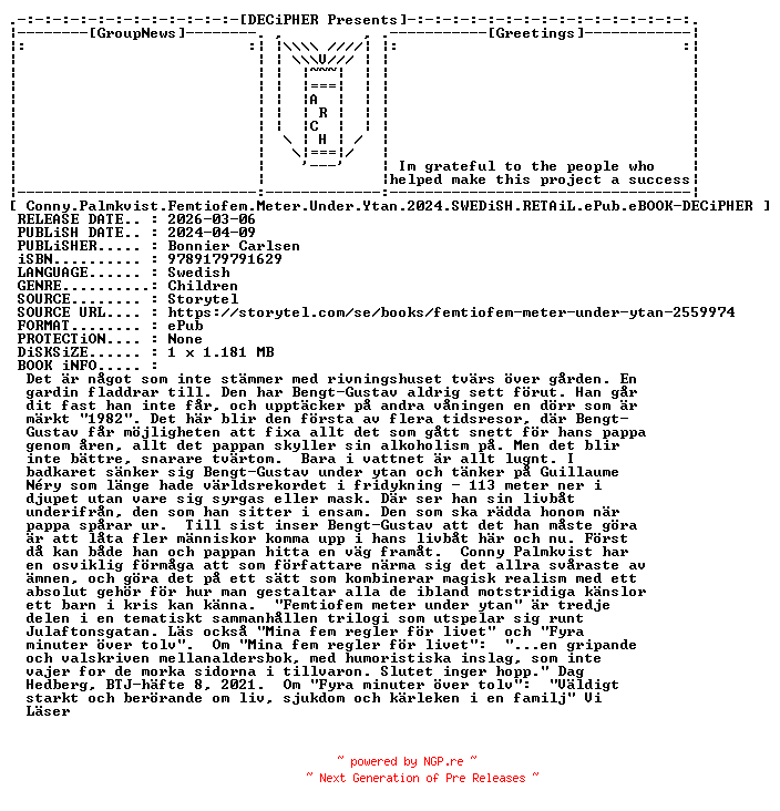 NFO for the release Conny.Palmkvist.Femtiofem.Meter.Under.Ytan.2024.SWEDiSH.RETAiL.ePub.eBOOK-DECiPHER by DECiPHER