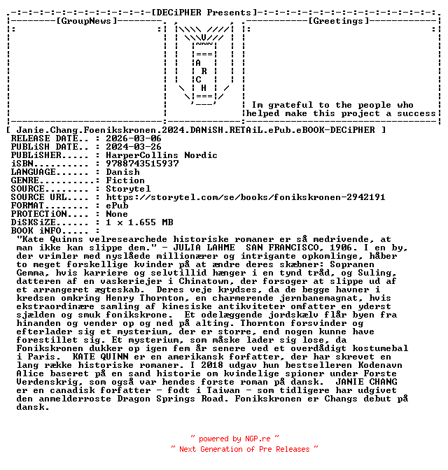 NFO for the release Janie.Chang.Foenikskronen.2024.DANiSH.RETAiL.ePub.eBOOK-DECiPHER by DECiPHER
