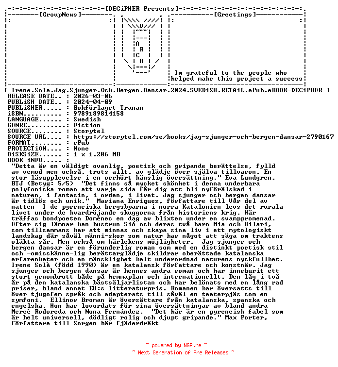 NFO for the release Irene.Sola.Jag.Sjunger.Och.Bergen.Dansar.2024.SWEDiSH.RETAiL.ePub.eBOOK-DECiPHER by DECiPHER