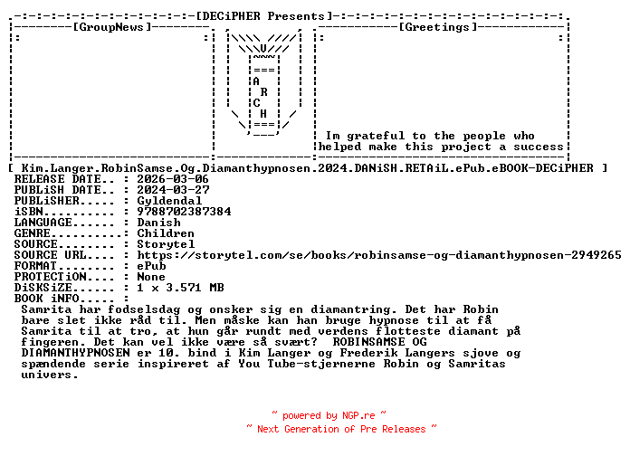 NFO for the release Kim.Langer.RobinSamse.Og.Diamanthypnosen.2024.DANiSH.RETAiL.ePub.eBOOK-DECiPHER by DECiPHER