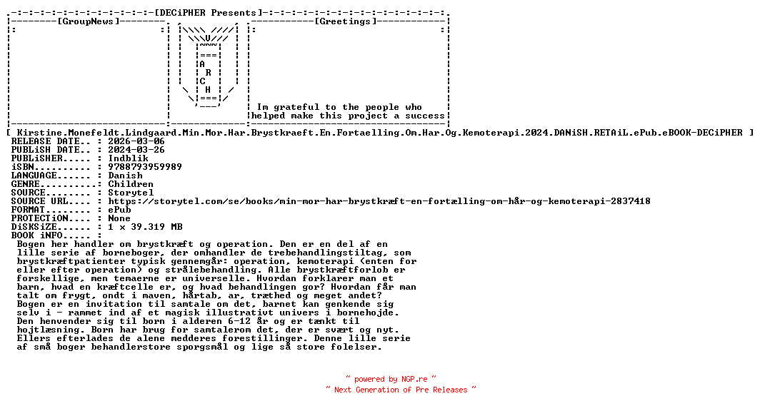 NFO for the release Kirstine.Monefeldt.Lindgaard.Min.Mor.Har.Brystkraeft.En.Fortaelling.Om.Har.Og.Kemoterapi.2024.DANiSH.RETAiL.ePub.eBOOK-DECiPHER by DECiPHER