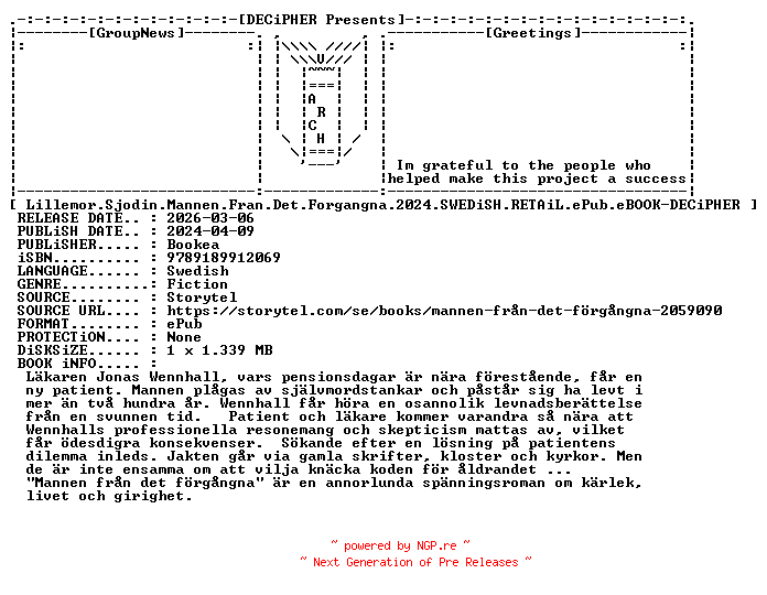 NFO for the release Lillemor.Sjodin.Mannen.Fran.Det.Forgangna.2024.SWEDiSH.RETAiL.ePub.eBOOK-DECiPHER by DECiPHER