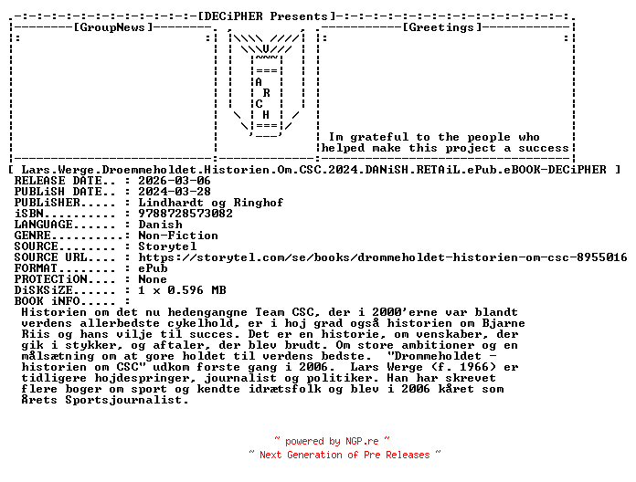 NFO for the release Lars.Werge.Droemmeholdet.Historien.Om.Csc.2024.DANiSH.RETAiL.ePub.eBOOK-DECiPHER by DECiPHER