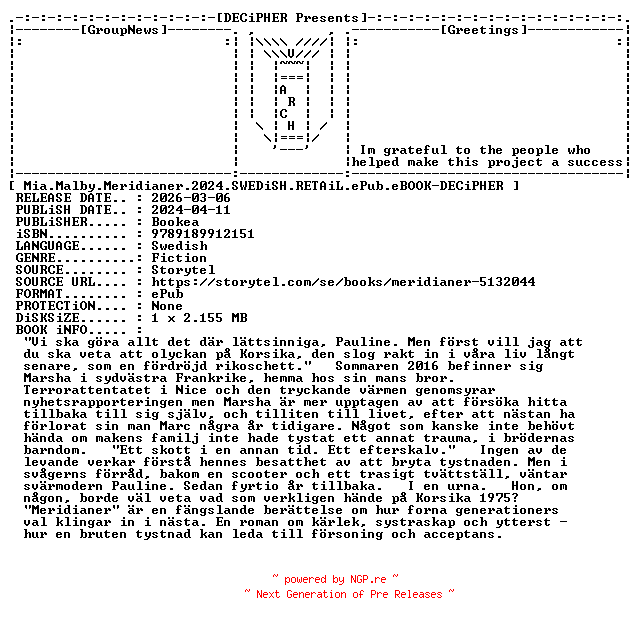 NFO for the release Mia.Malby.Meridianer.2024.SWEDiSH.RETAiL.ePub.eBOOK-DECiPHER by DECiPHER