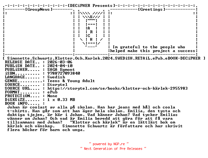 NFO for the release Simonette.Schwartz.Klotter.Och.Karlek.2024.SWEDiSH.RETAiL.ePub.eBOOK-DECiPHER by DECiPHER