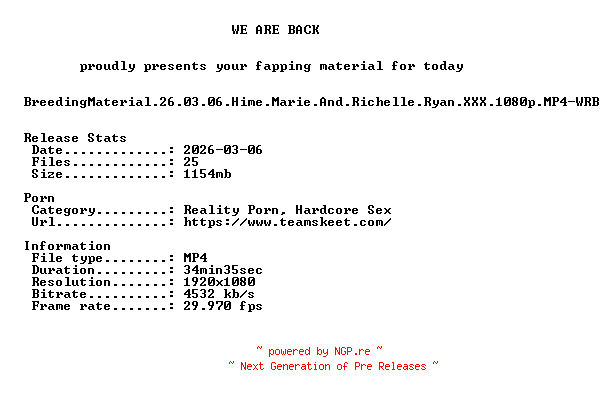 NFO for the release BreedingMaterial.26.03.06.Hime.Marie.And.Richelle.Ryan.XXX.1080p.MP4-WRB by WRB