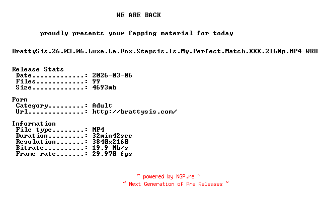 NFO for the release BrattySis.26.03.06.Luxe.La.Fox.Stepsis.Is.My.Perfect.Match.XXX.2160p.MP4-WRB by WRB