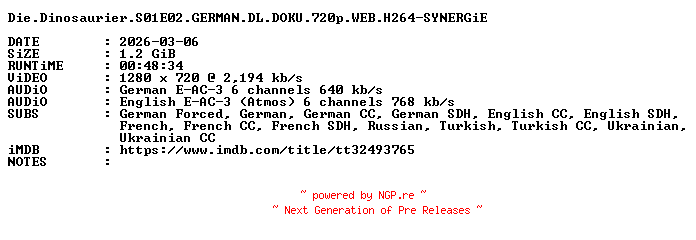 NFO for the release Die.Dinosaurier.S01E02.GERMAN.DL.DOKU.720p.WEB.H264-SYNERGiE by SYNERGiE